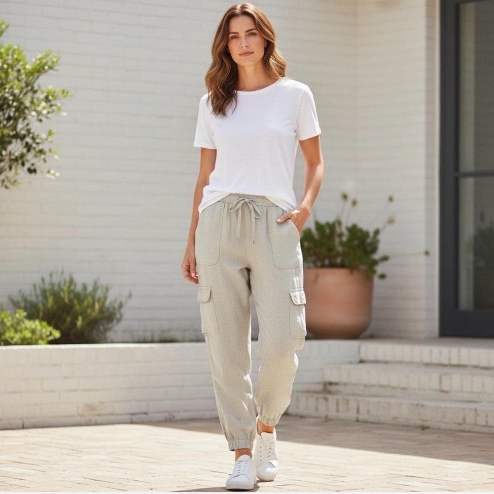 Nicole Miller Women’s Drawstring Cargo Pants Size S Linen